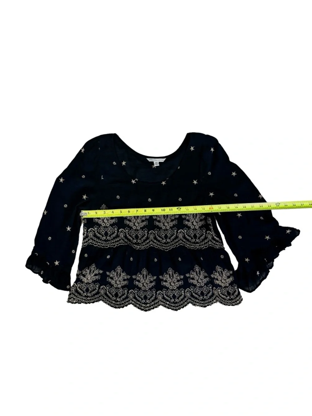 American Eagle Black Embroidered Bell Sleeve Cropped Blouse With Tassels | XL - Picture 5 of 7